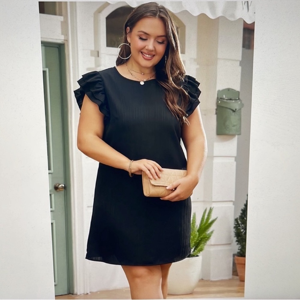 Black Ruffled Sleeve Ribbed Textured Shift Mini Dress Plus Size 1X - Picture 6 of 6